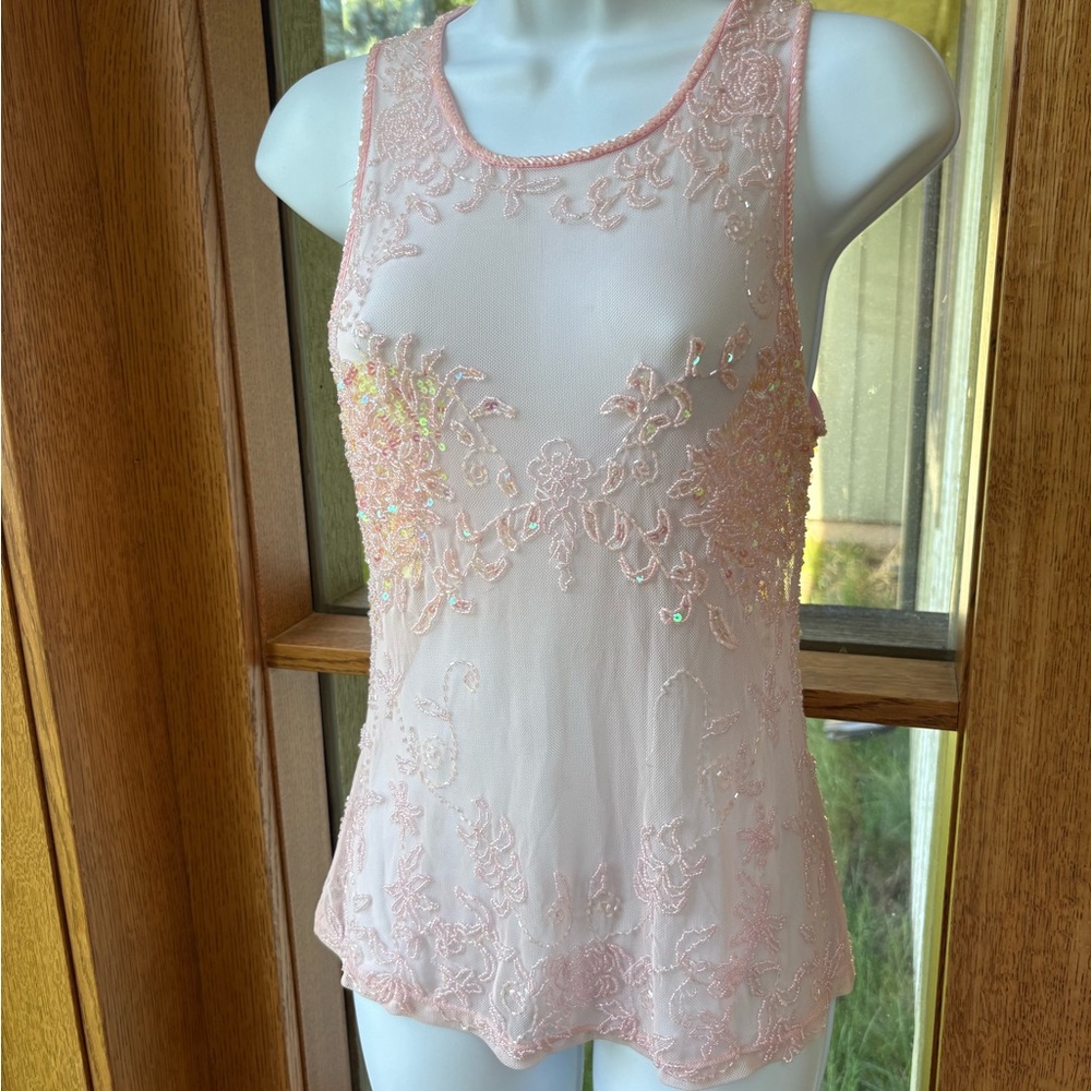 Y2K Baby Pink Sheer Mesh Beaded and Sequin Tank Top Small